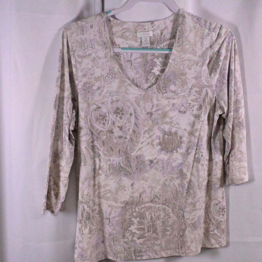 Chico's Gray Purple Paisley Abstract Scoop Neck Blouse Womens 2 (US 12)